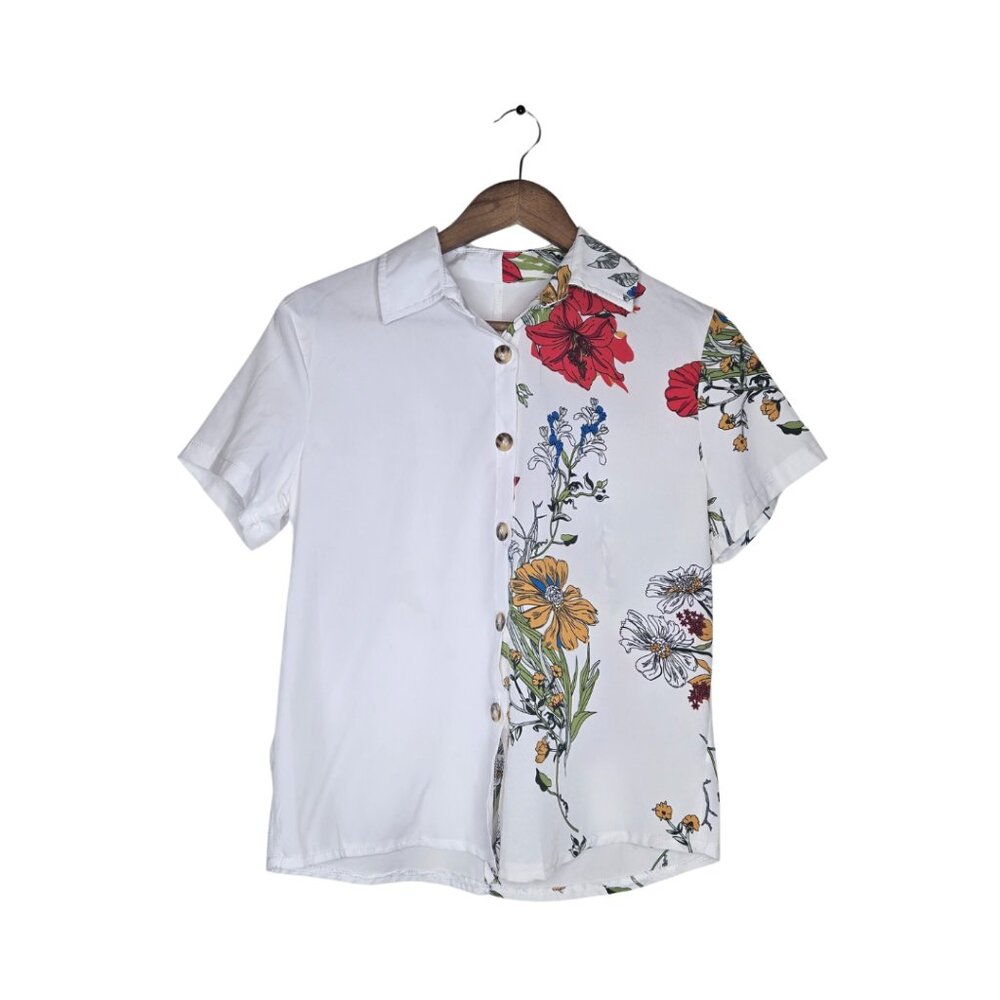 White FLoral Print Button Down Blouse